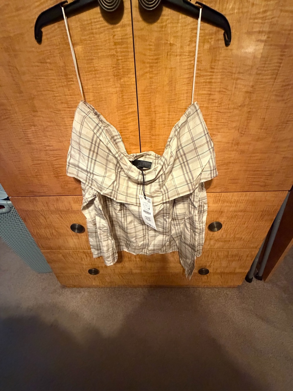 Zara Cream Plaid Off-Shoulder Cami with Thin Straps